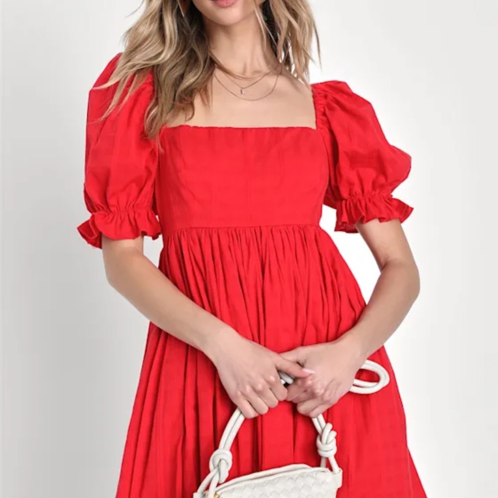 A Day in Paris Red Square Neck Puff Sleeve Babydoll Dress